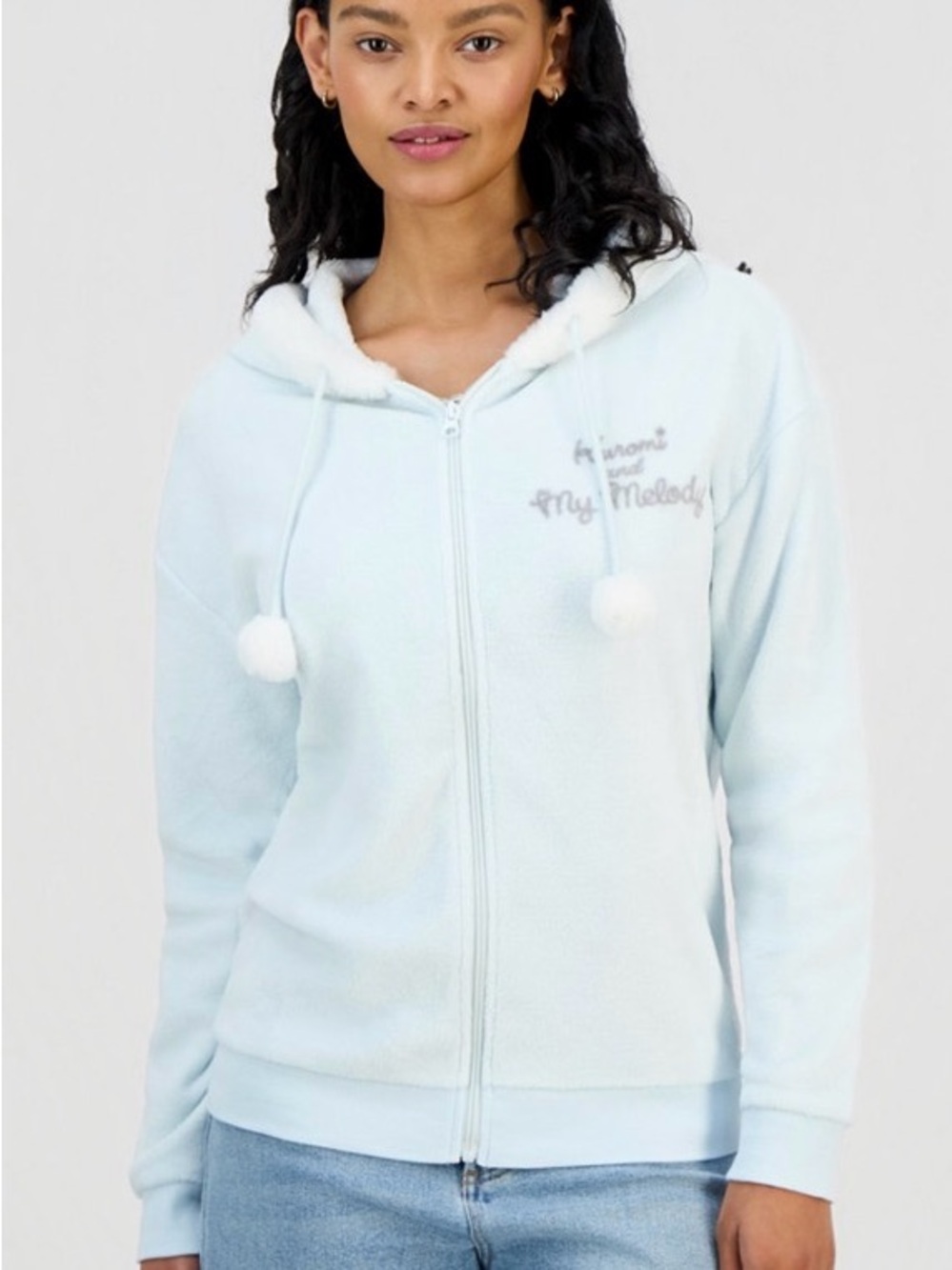Kuromi and my Melody Light Blue Pom-Trim Zip Hoodie -